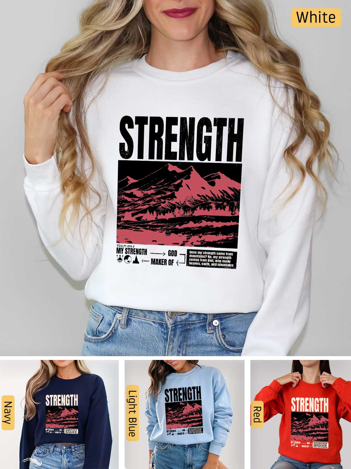 a woman wearing a sweatshirt with the words strength on it