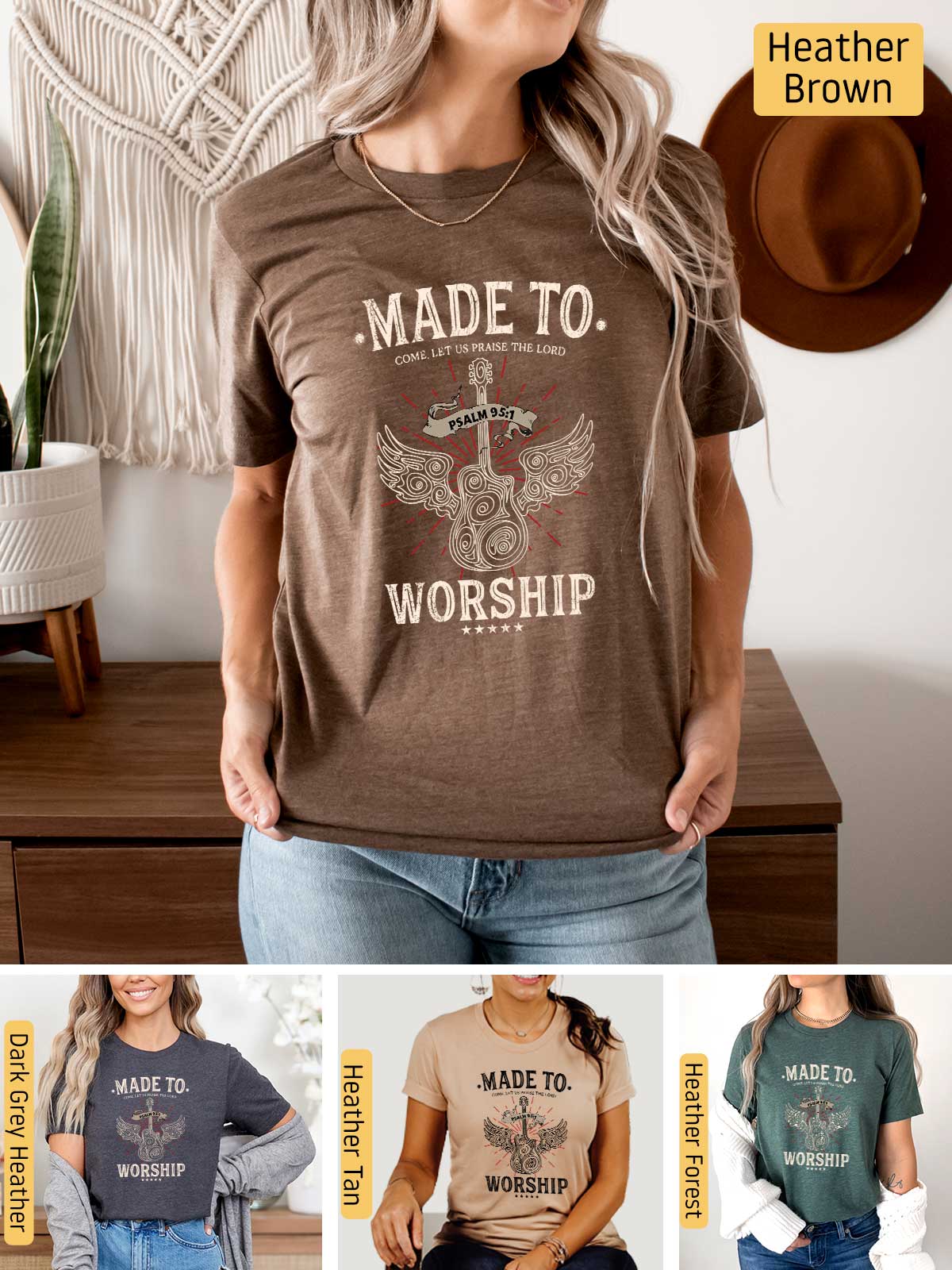 a woman wearing a t - shirt that says made to worship