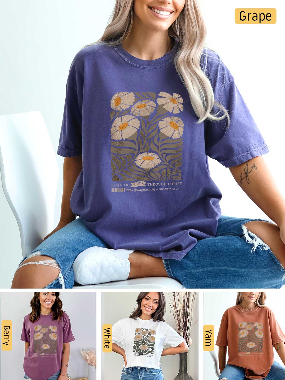 a woman wearing a t - shirt with flowers on it