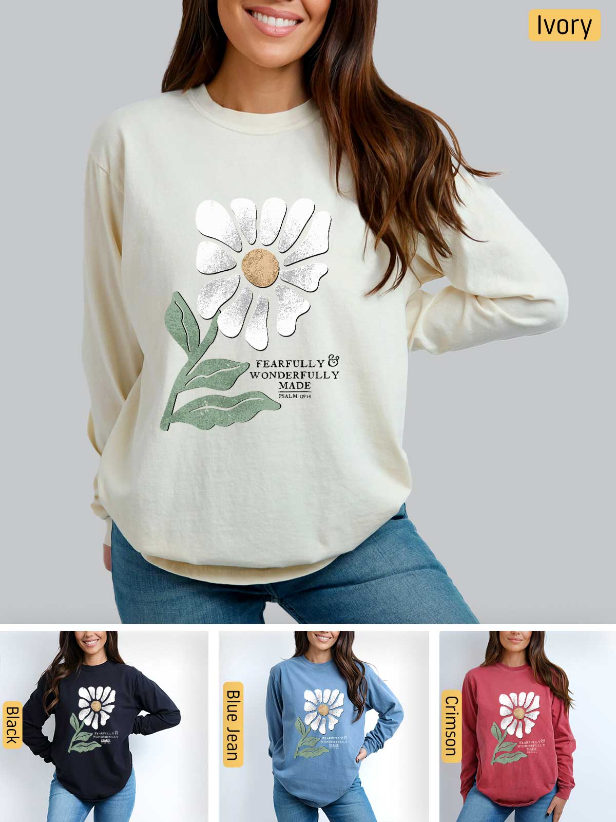 a woman wearing a sweatshirt with a flower on it