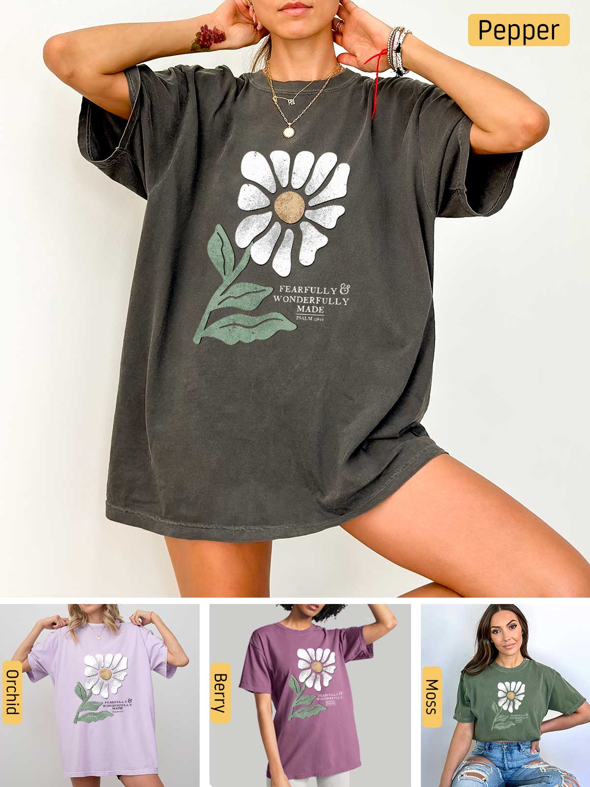 a woman wearing a t - shirt with a flower on it