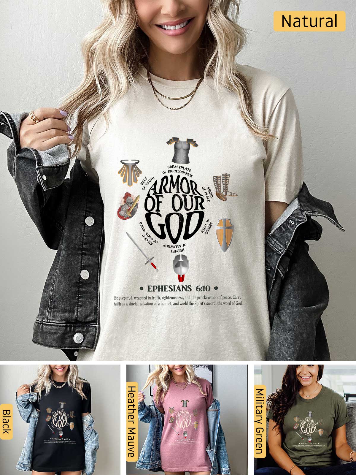 a woman wearing a t - shirt that says armor of our god