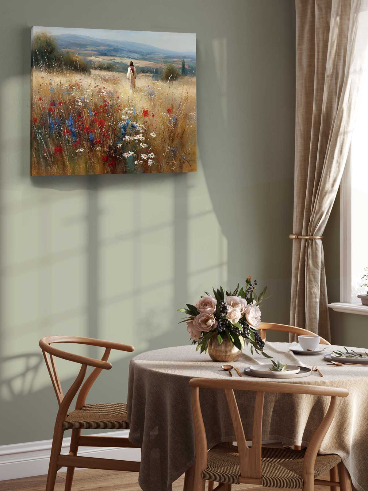 a serene dining scene with a table set for two, featuring a vase of flowers and a painting of a woman in a field of flowers hanging on the wall above the table.