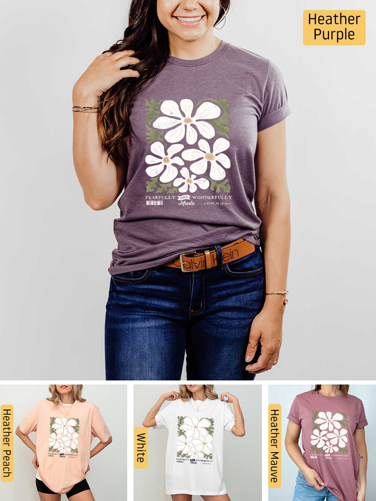 a woman wearing a t - shirt with flowers on it