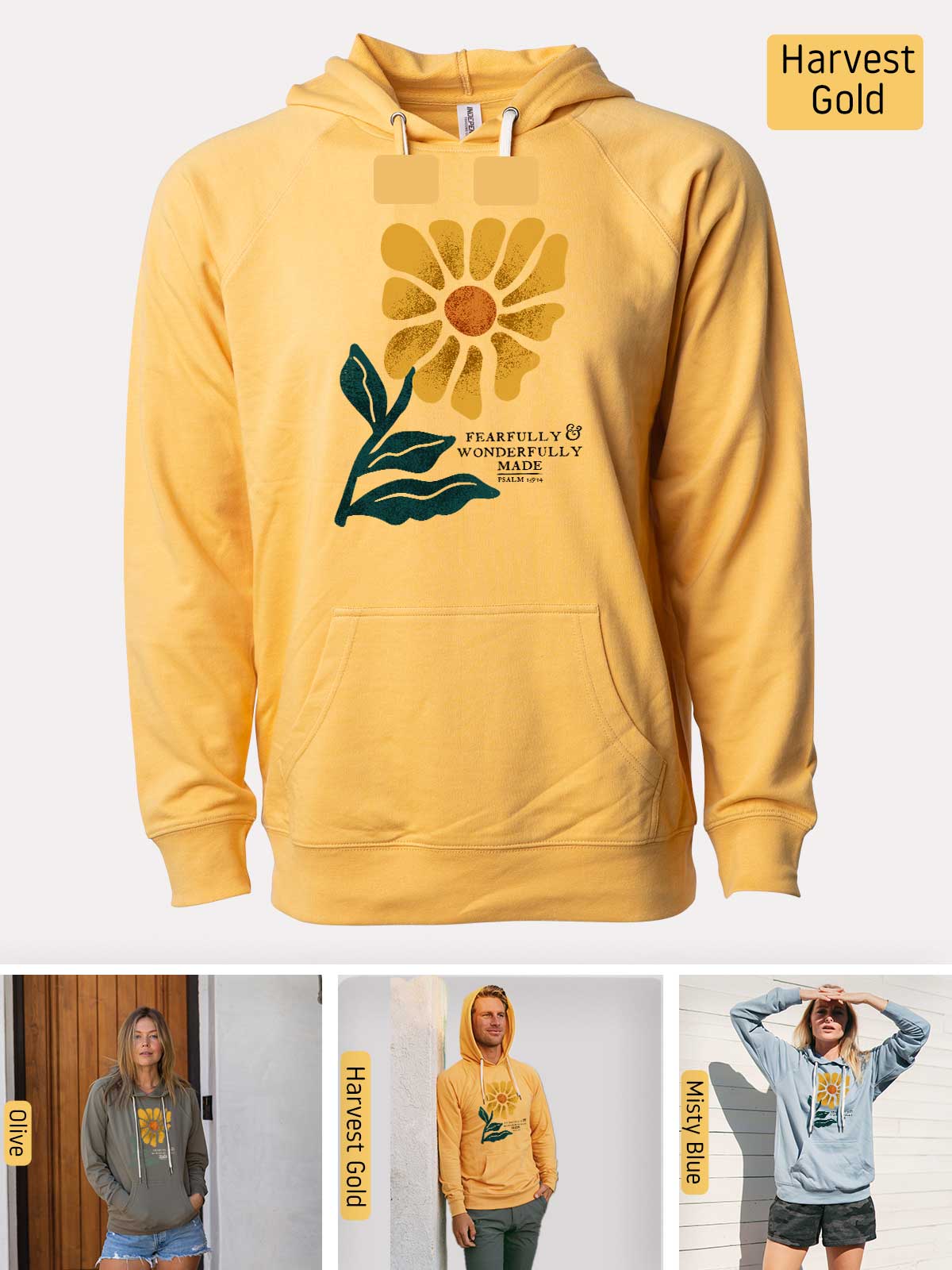 a woman wearing a yellow hoodie with a flower on it