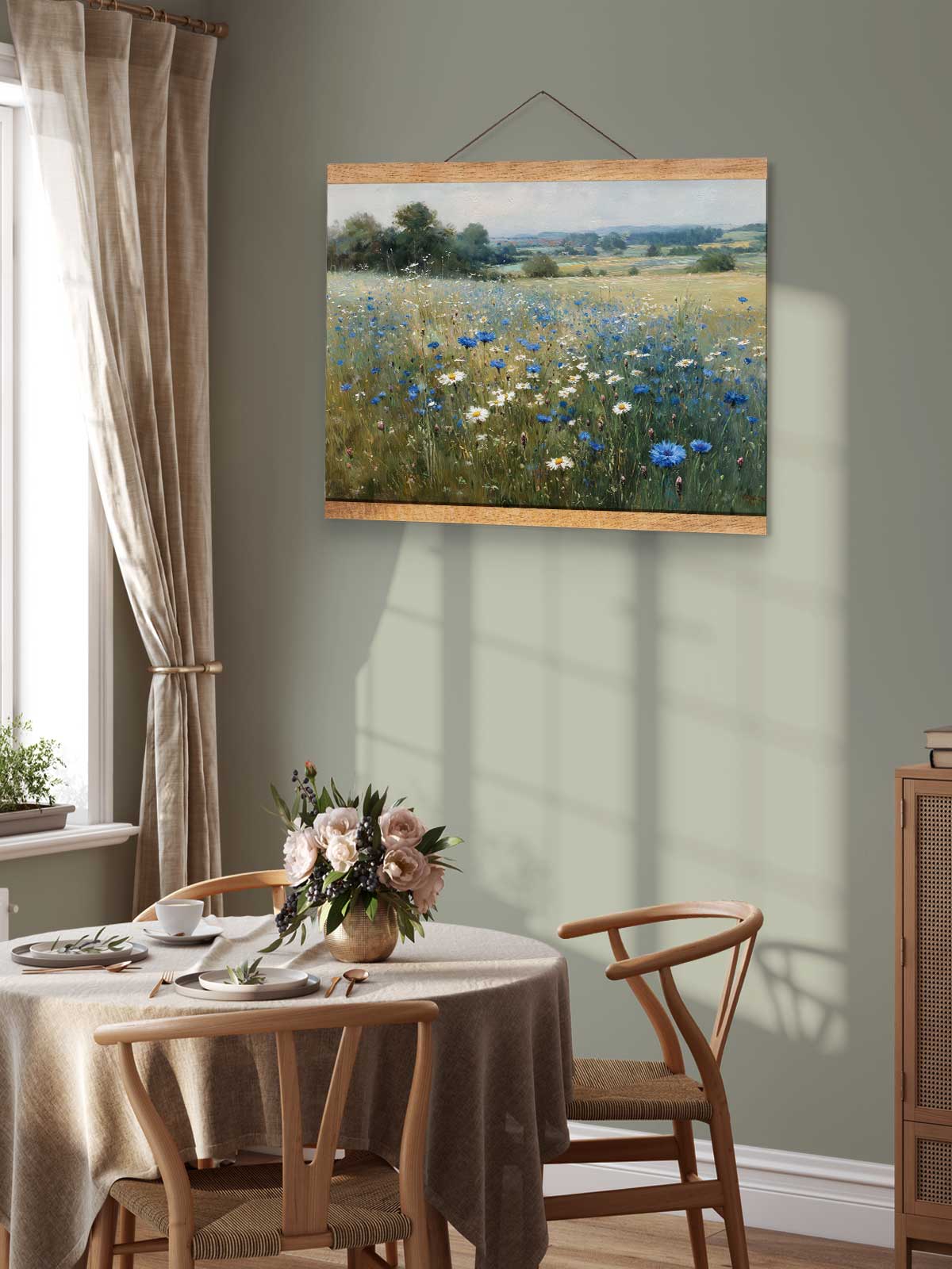 a serene dining room with a table set for two, featuring a vase of flowers and a painting of a field of flowers hanging on the wall above the table.