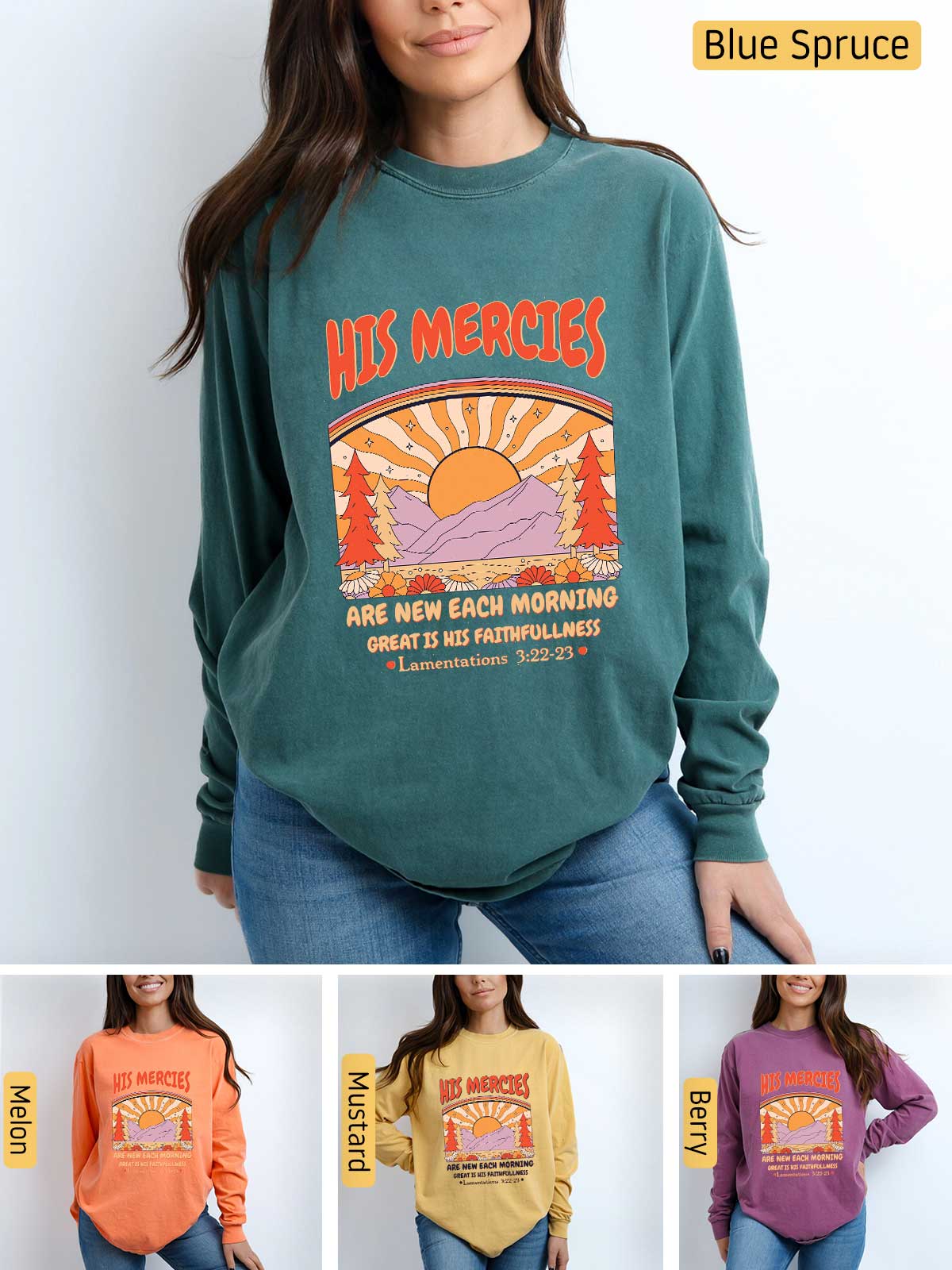 a woman wearing a sweatshirt that says, this mercies are new each morning great