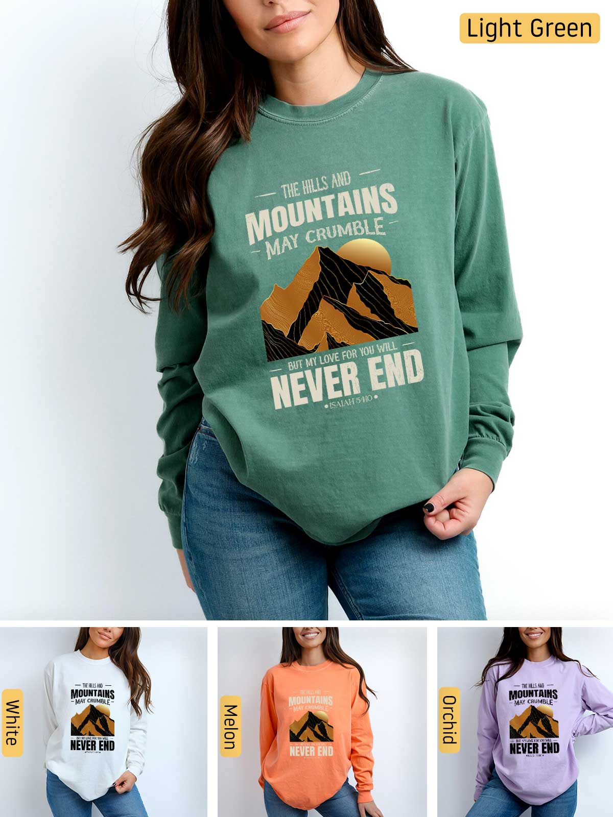 a woman wearing a sweatshirt with mountains on it