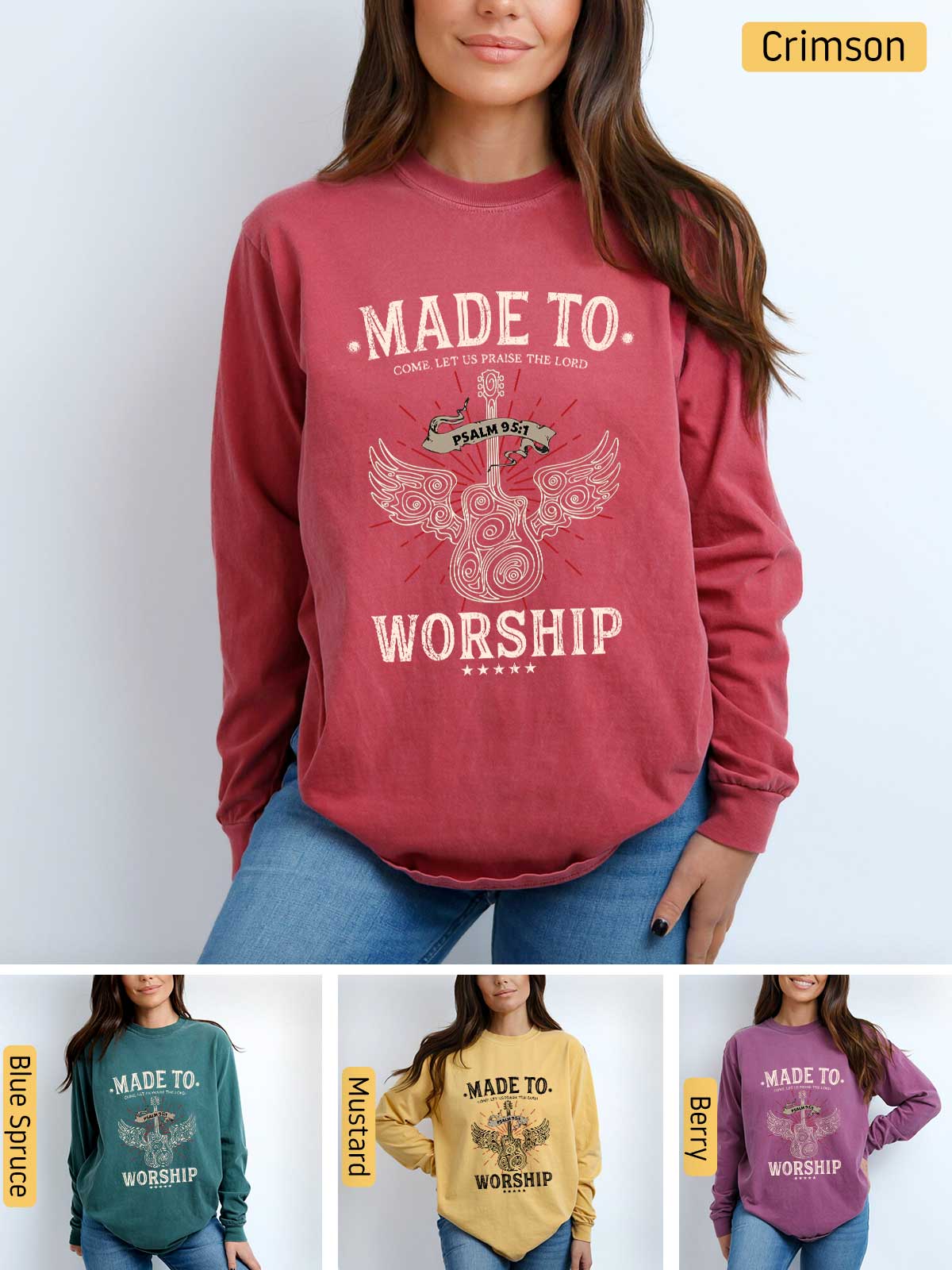 a woman wearing a sweatshirt that says made to worship