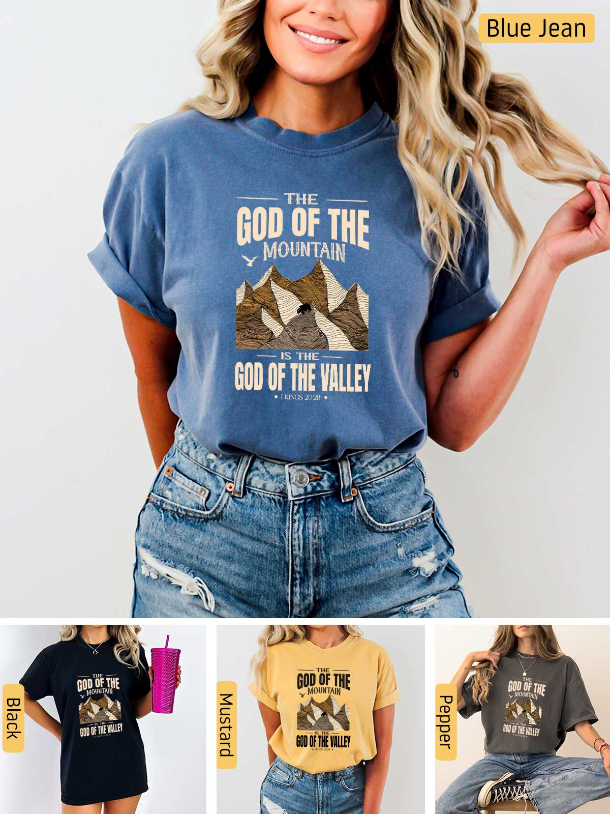 a woman wearing a t - shirt that says god of the mountain