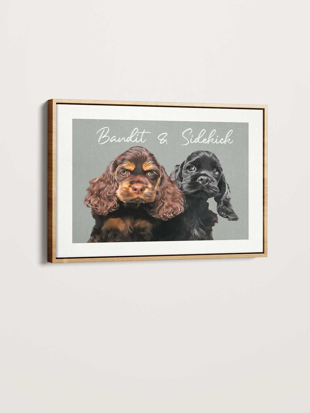 two dogs, one brown and one black, sitting together and looking at the camera.