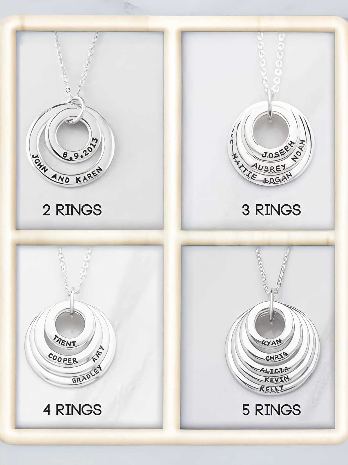 a set of four different necklaces with names on them