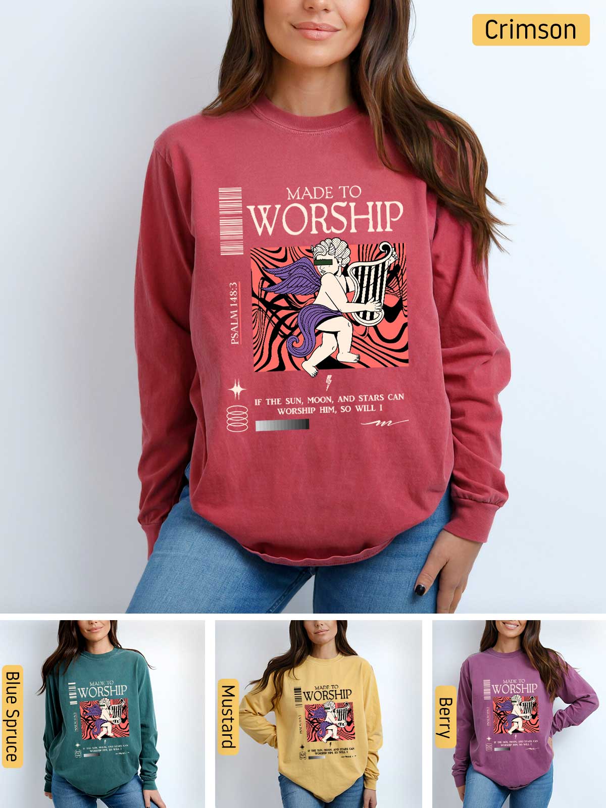 a woman wearing a sweatshirt that says made to worship