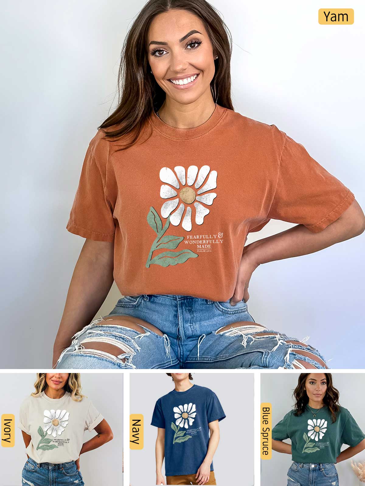 a woman wearing a t - shirt with a flower on it