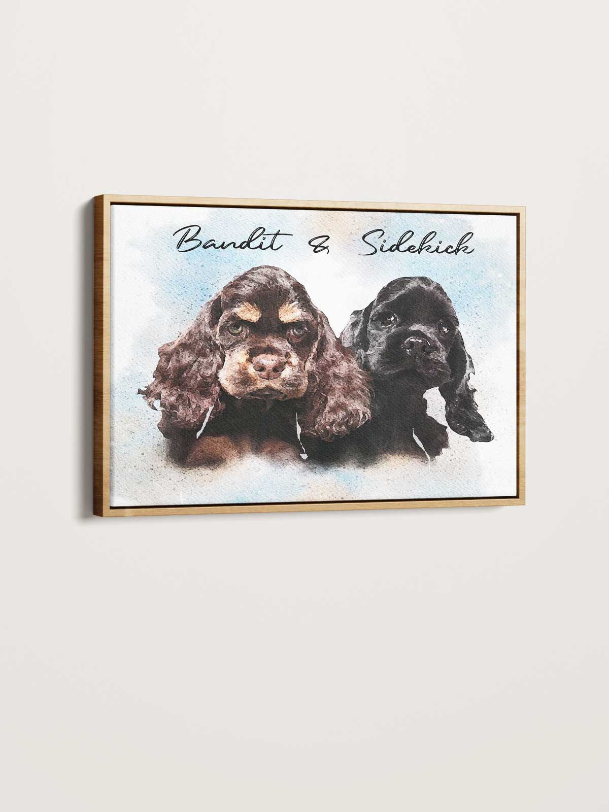 two dogs, one brown and one black, sitting together and looking at the camera.