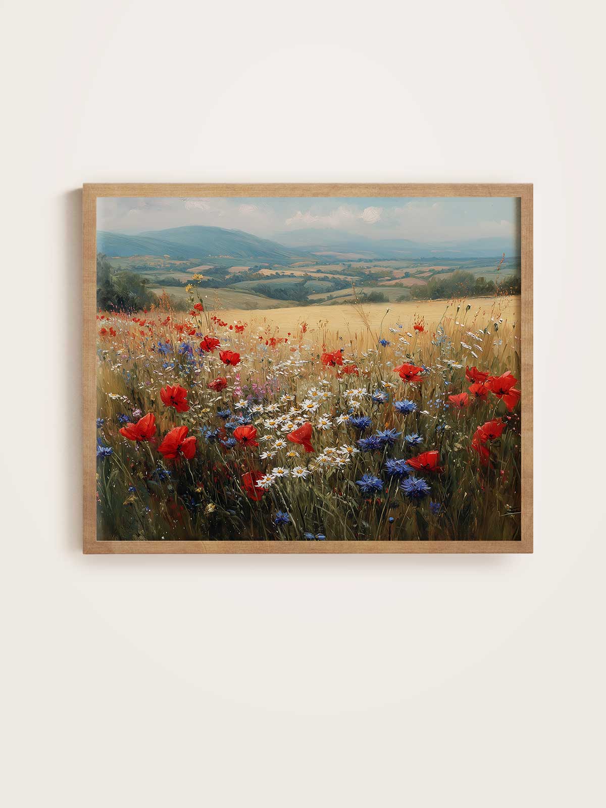 The image is a framed painting depicting a vibrant field of red poppies and blue and white flowers against a backdrop of rolling hills and a clear blue sky.