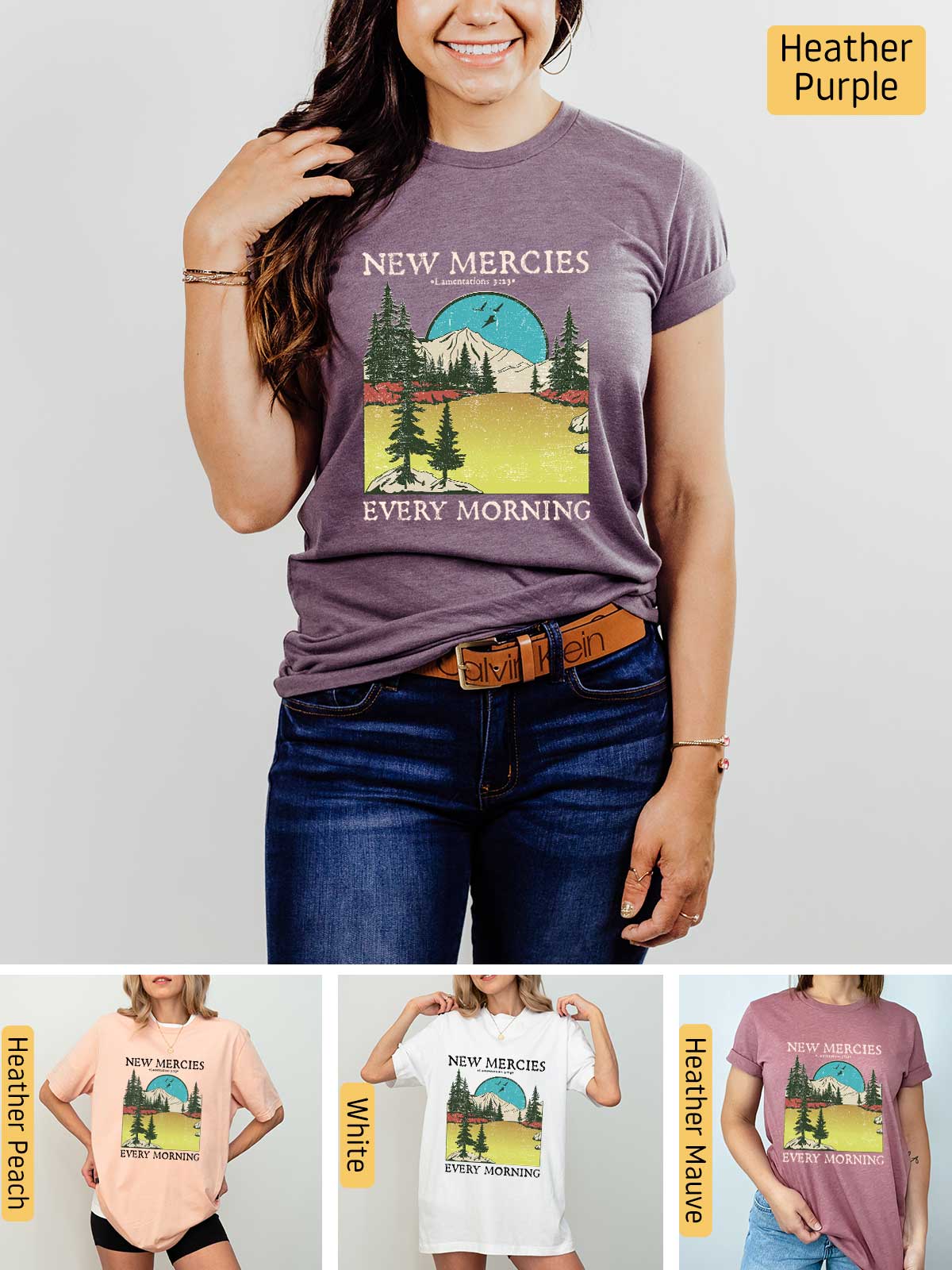 a woman wearing a new mercies every morning shirt