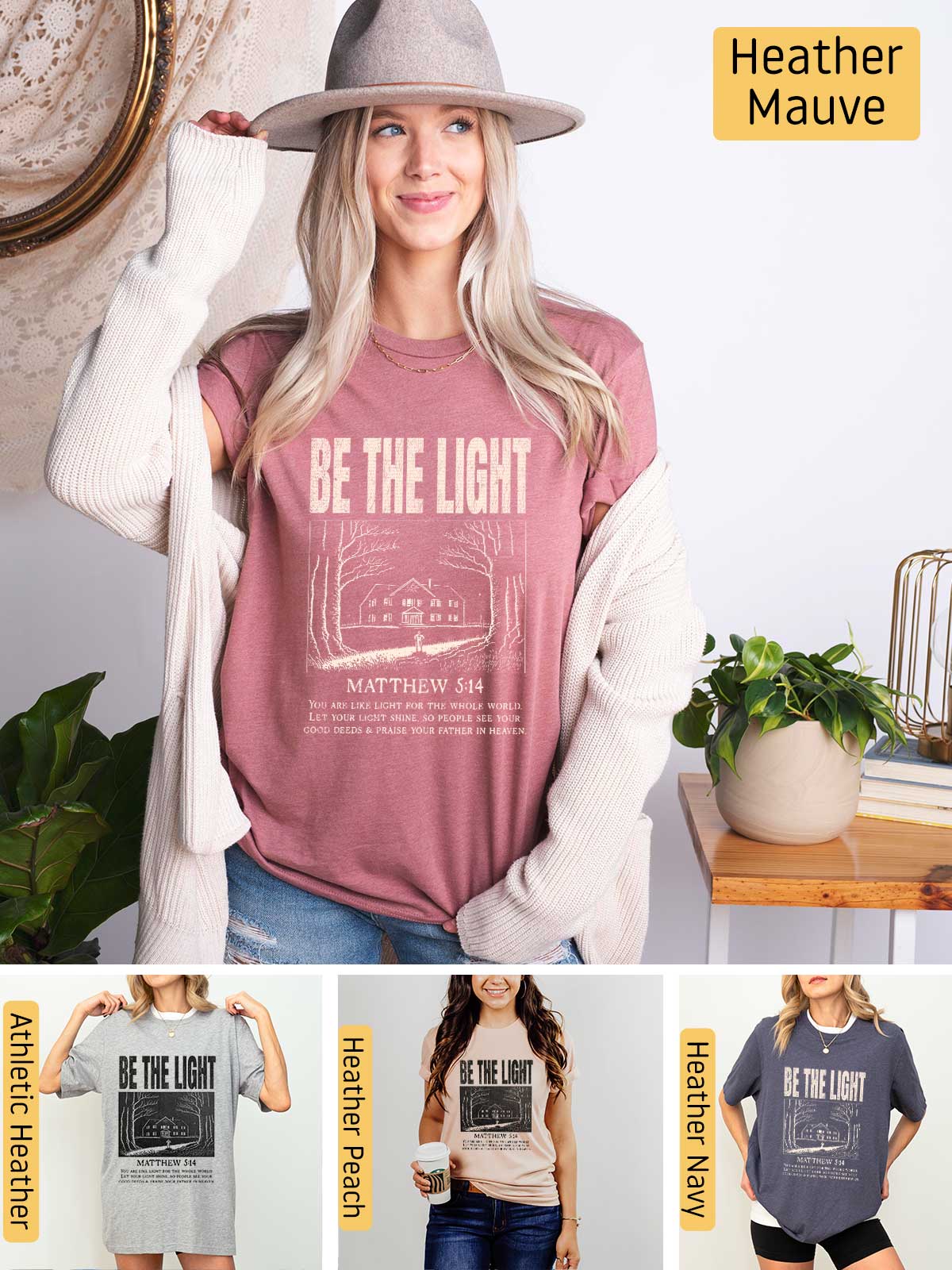 a woman wearing a t - shirt that says be the light