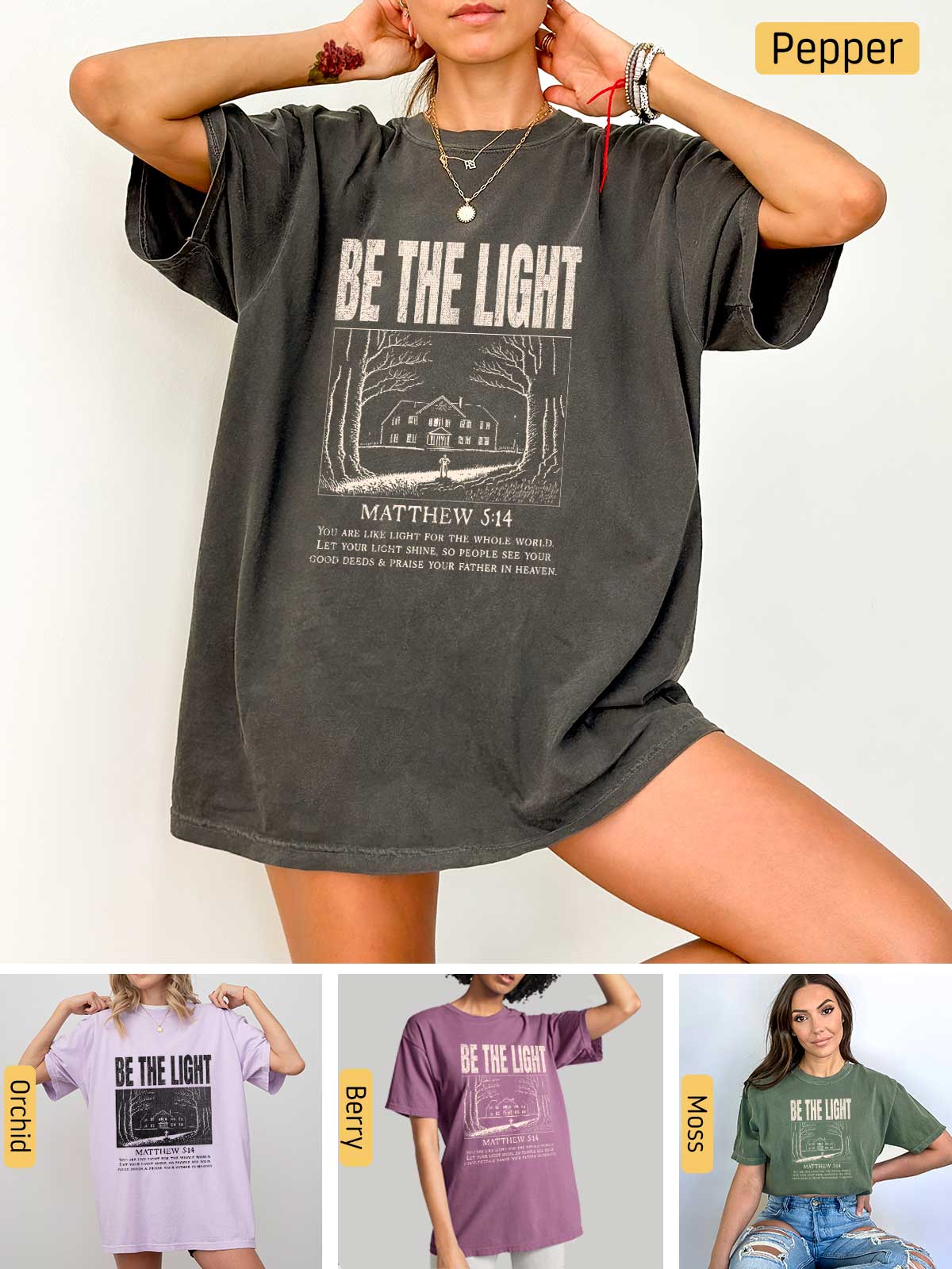 a woman wearing a t - shirt that says be the light