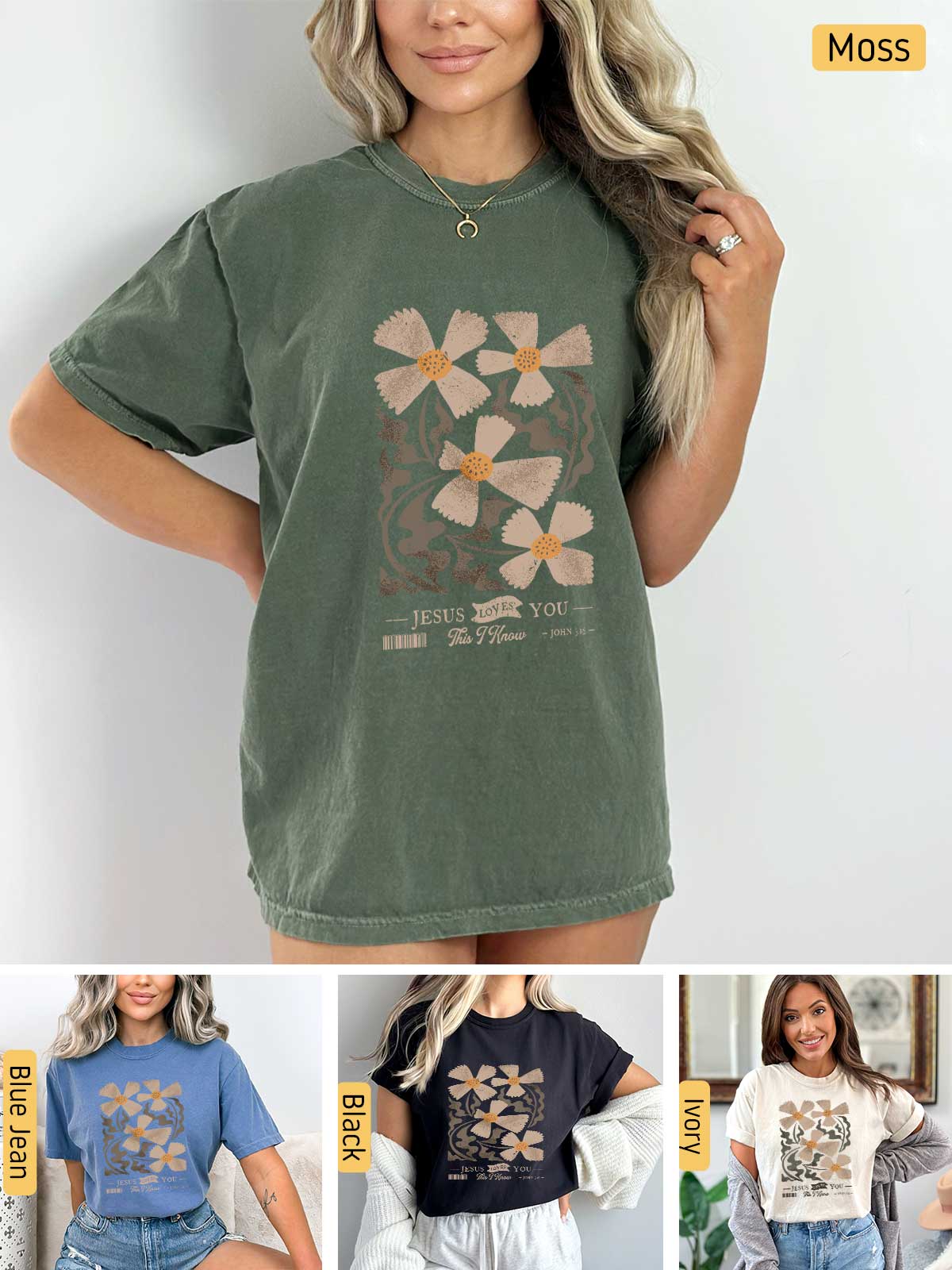 a woman wearing a t - shirt with flowers on it