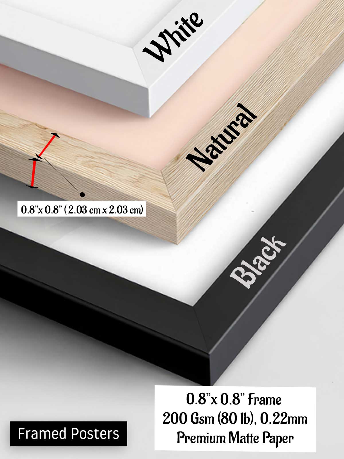 The image is a framed poster with three different frame colors: white, natural, and black. The frame is described as a 200 Gsm (80 lb.) and has a thickness of 0.22mm. The poster is labeled as "framed posters" and "Premium matte paper".