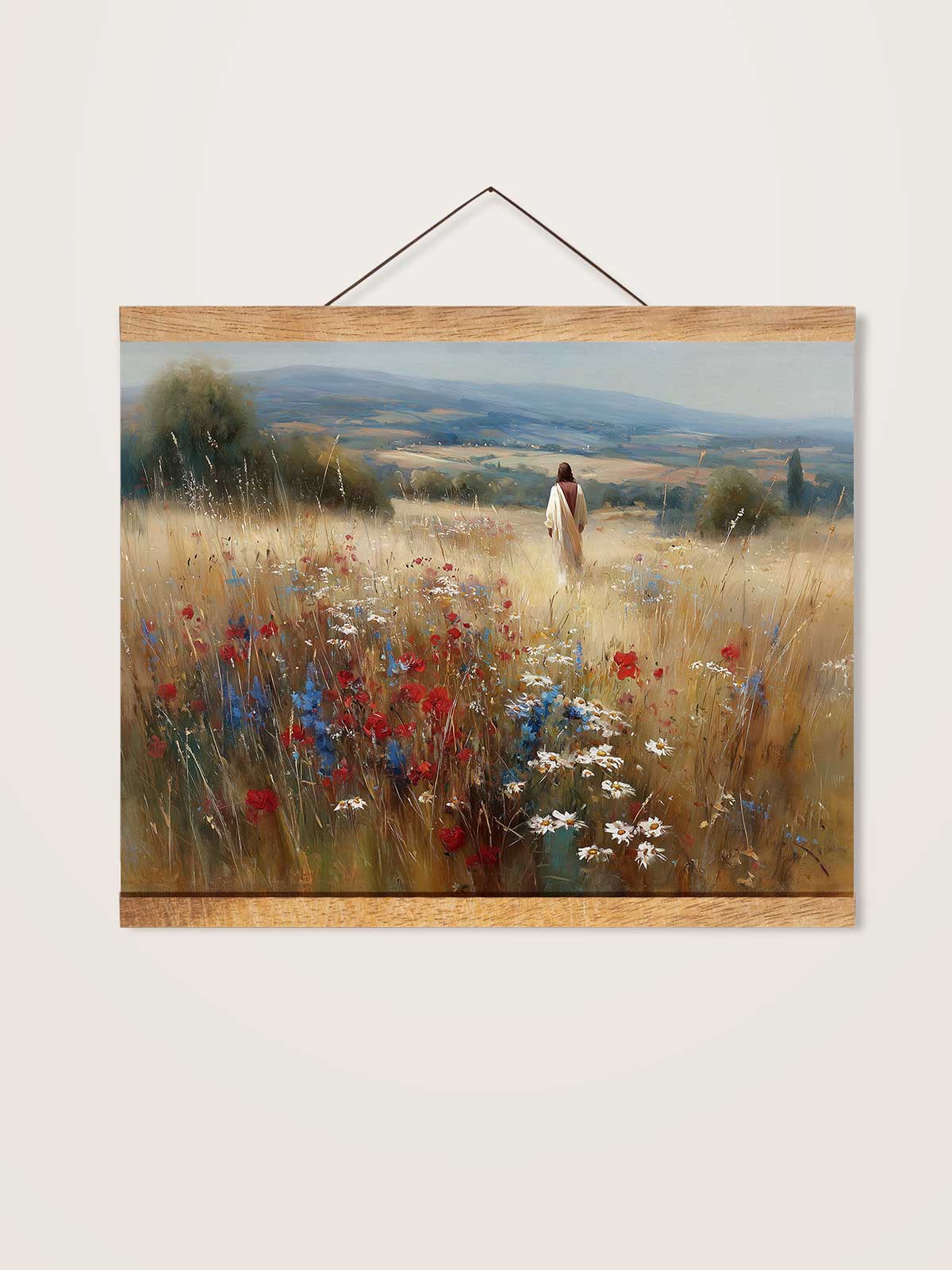 a person walking through a field of flowers, with a serene landscape of hills and valleys in the background.