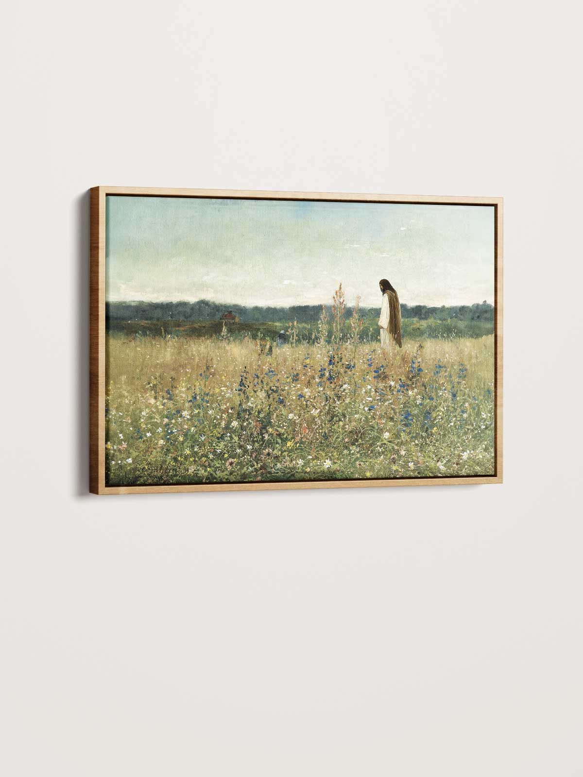 The image is a framed painting depicting a person standing in a field of flowers.