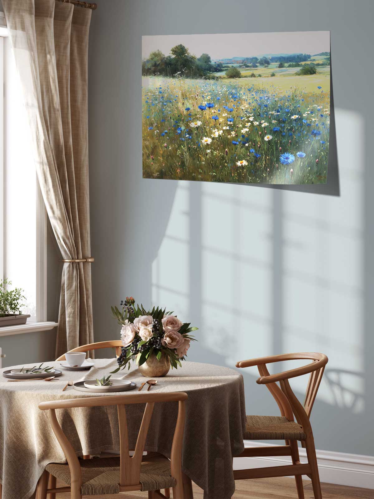 a serene dining room with a table set for two, featuring a vase of flowers and a painting of a field of wildflowers hanging on the wall above it.