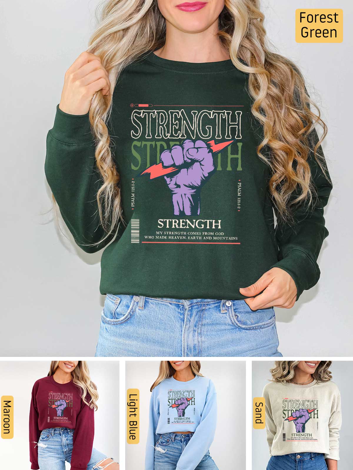 a woman wearing a green sweatshirt with the words strength on it