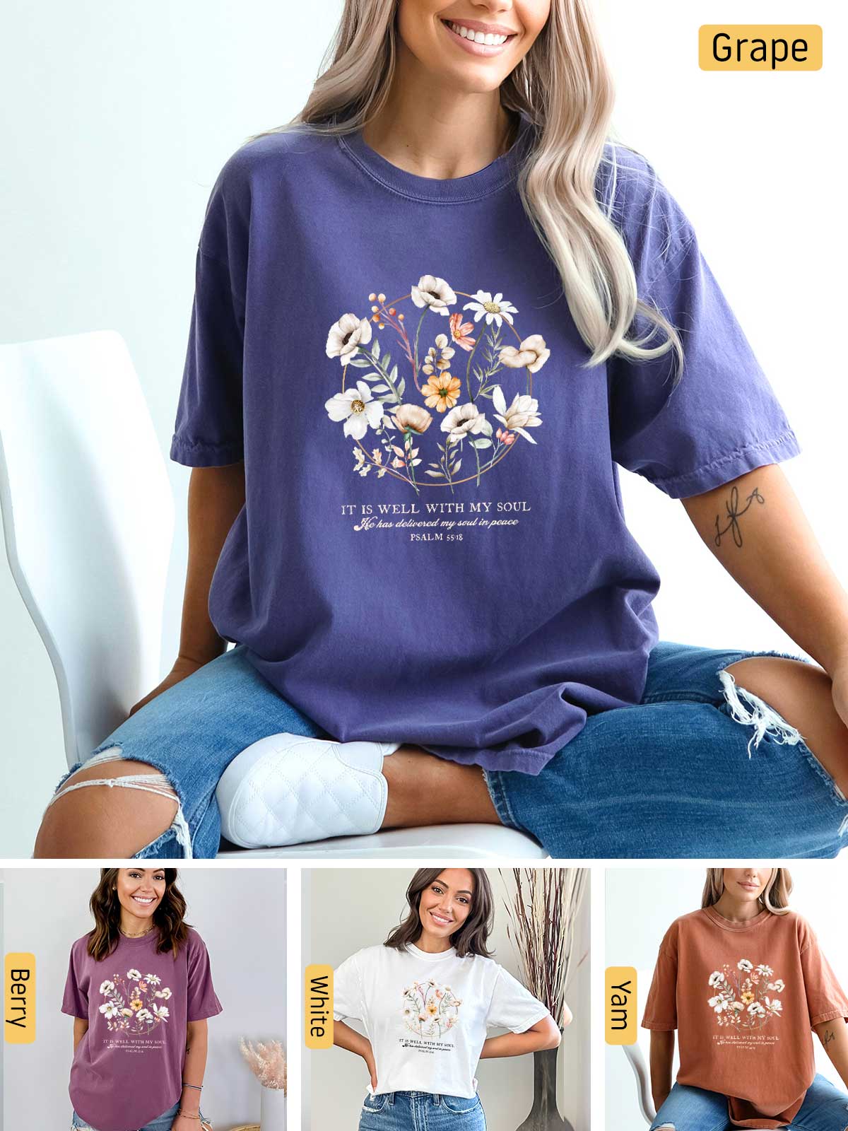 a woman wearing a t - shirt with flowers on it