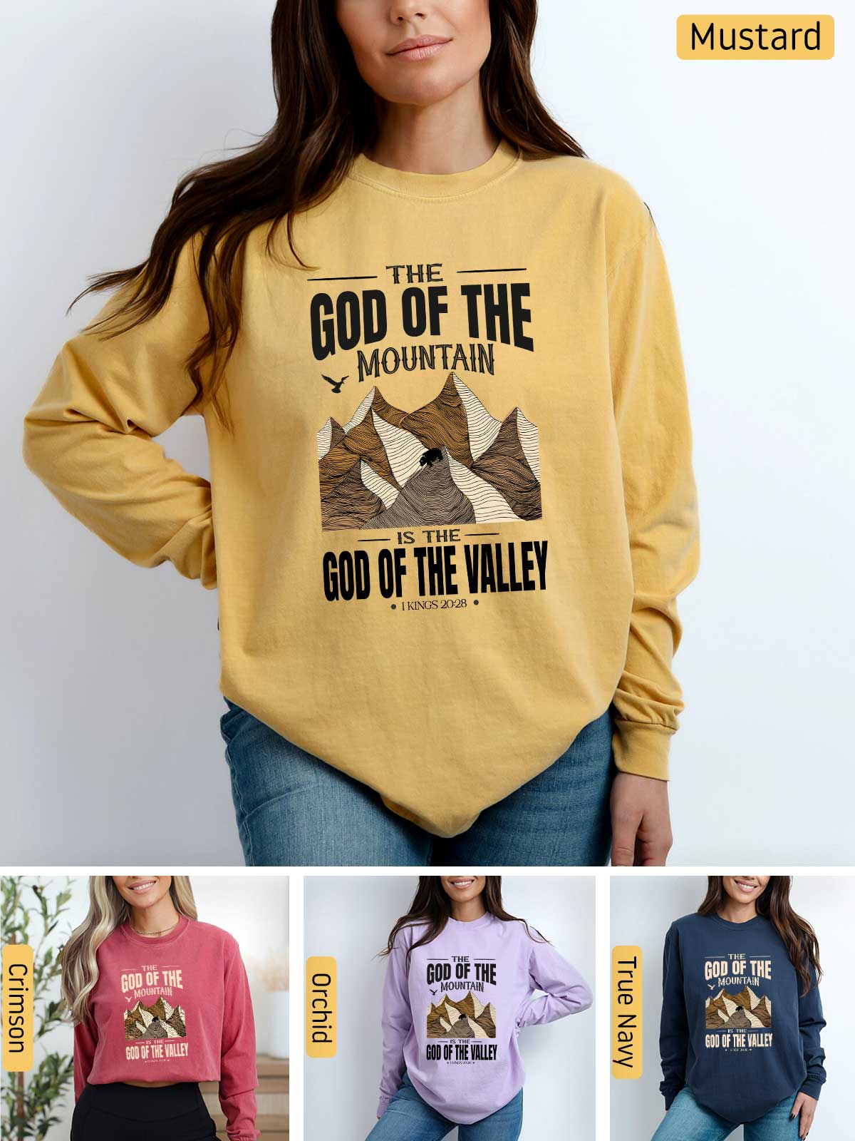 a woman wearing a sweatshirt with the words god of the mountain on it