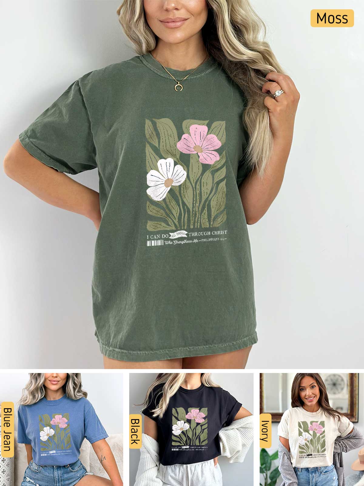 a woman wearing a t - shirt with flowers on it