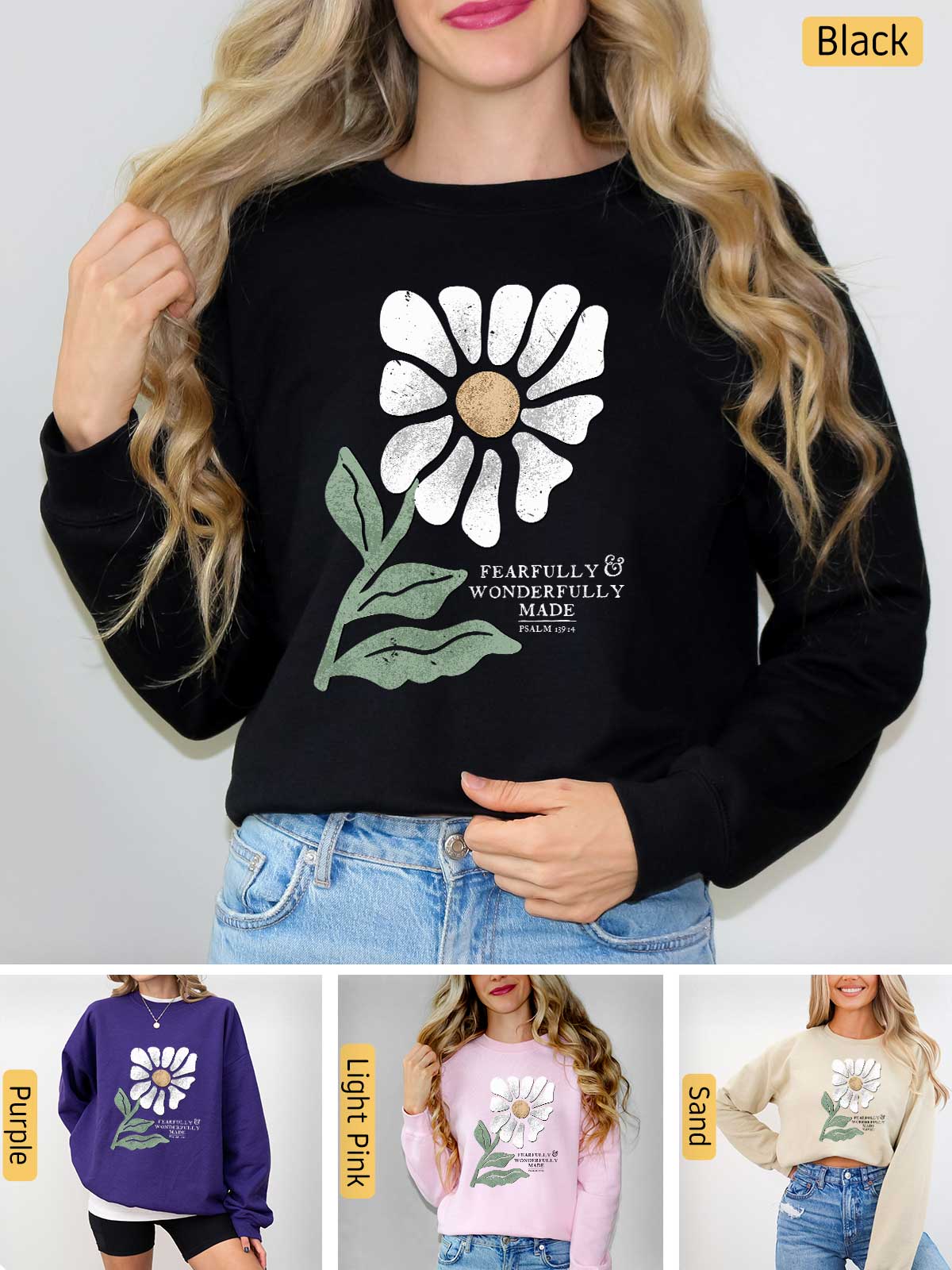 a woman wearing a sweatshirt with a flower on it