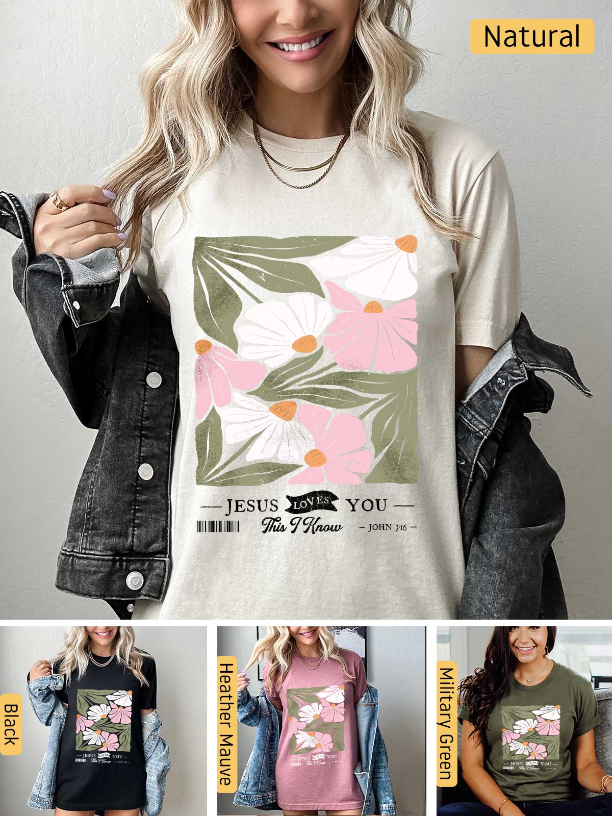 a woman wearing a t - shirt with flowers on it