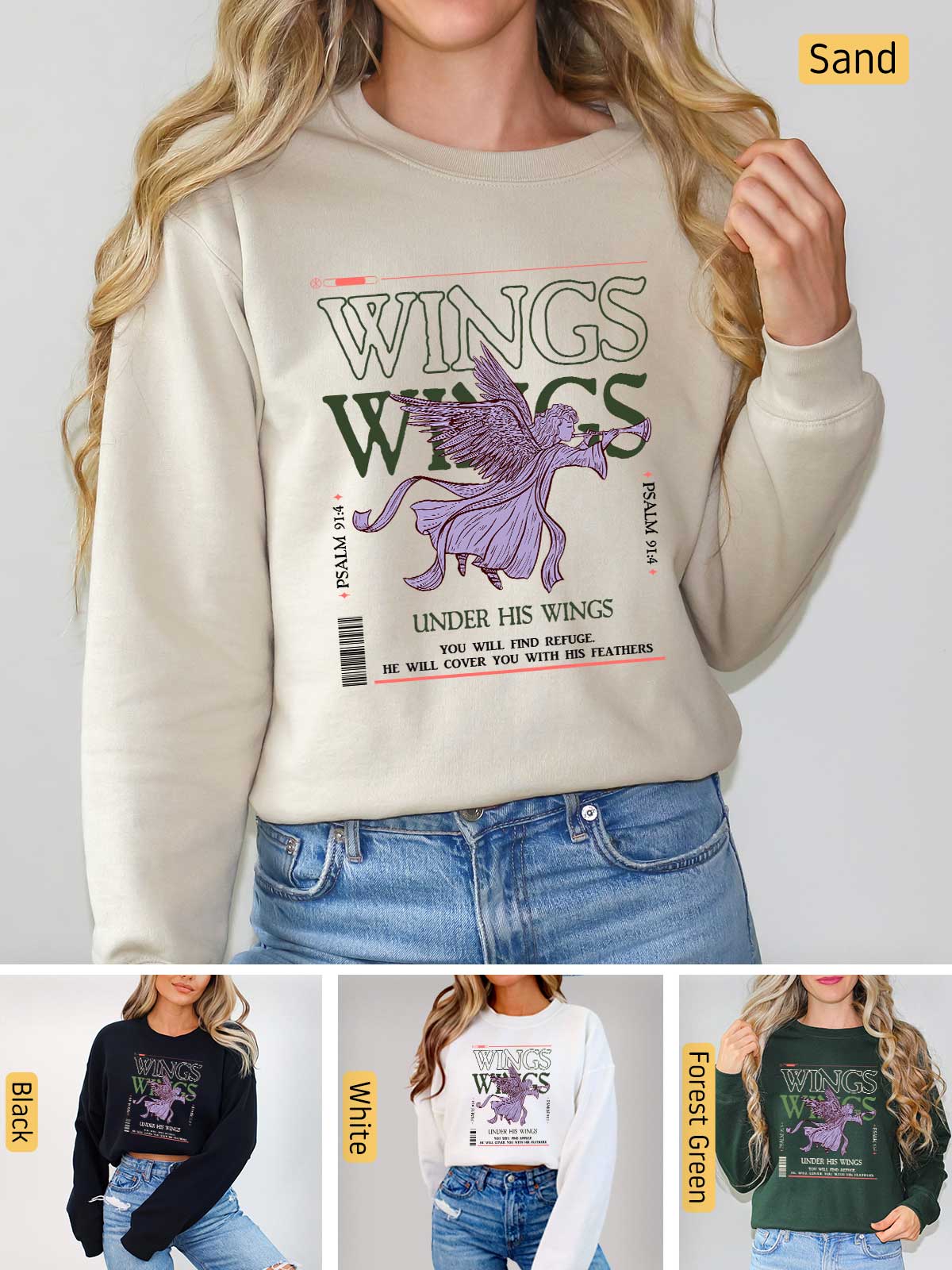 a woman wearing a sweater with wings on it