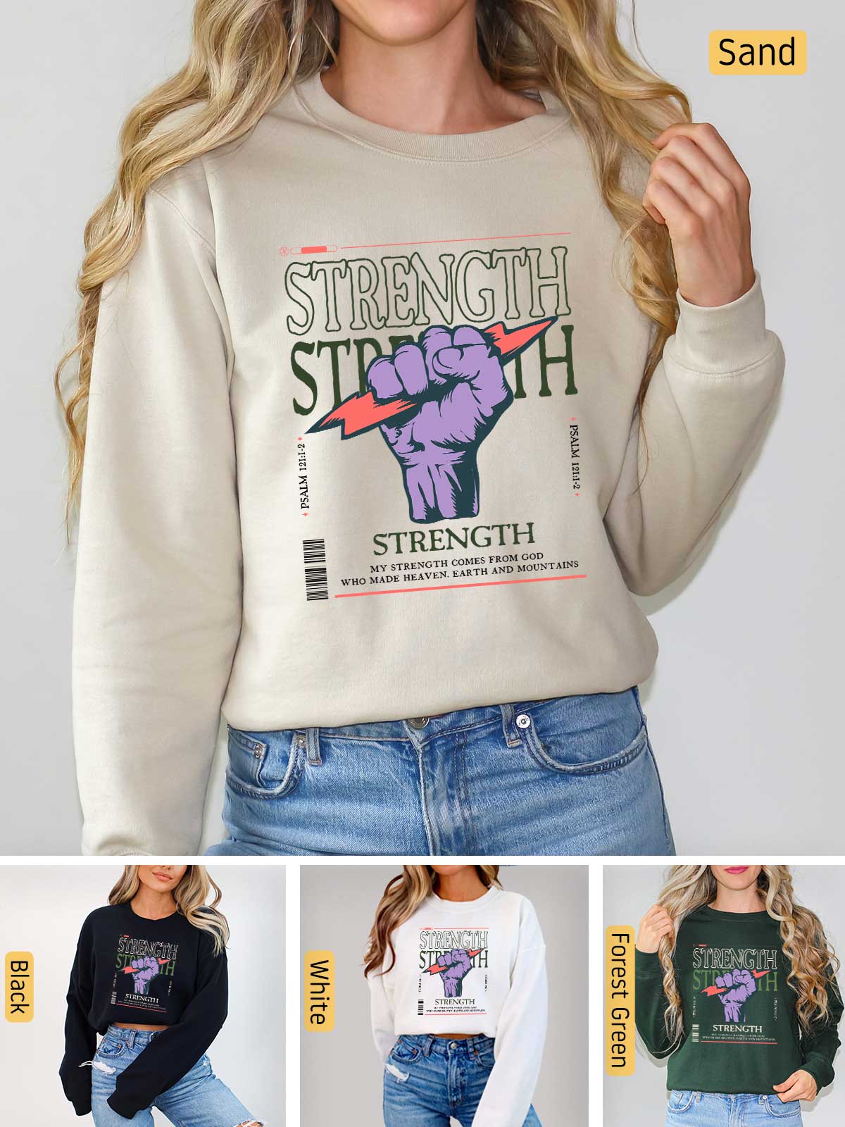 a woman wearing a sweatshirt with the words strength on it