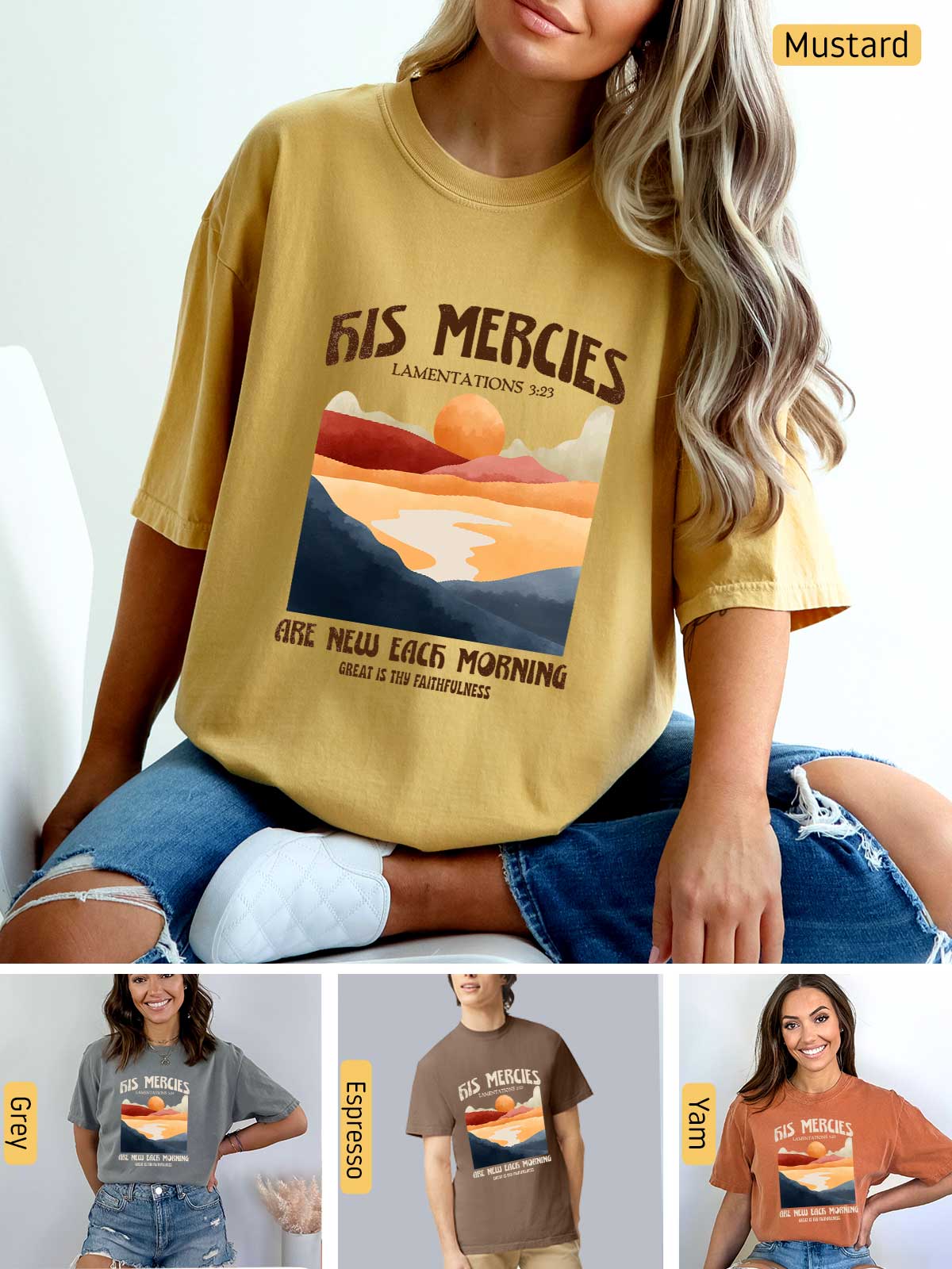 a woman sitting on a chair wearing a mustard colored tshirt