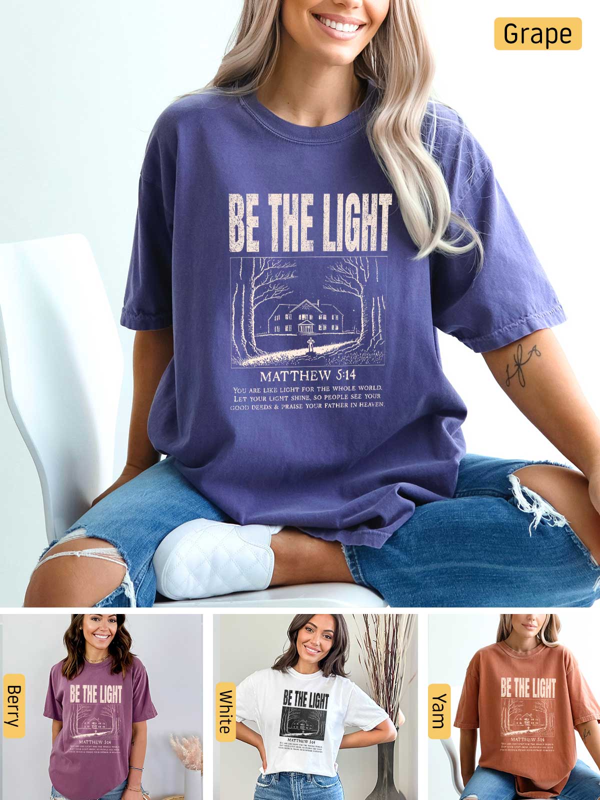 a woman wearing a t - shirt that says be the light