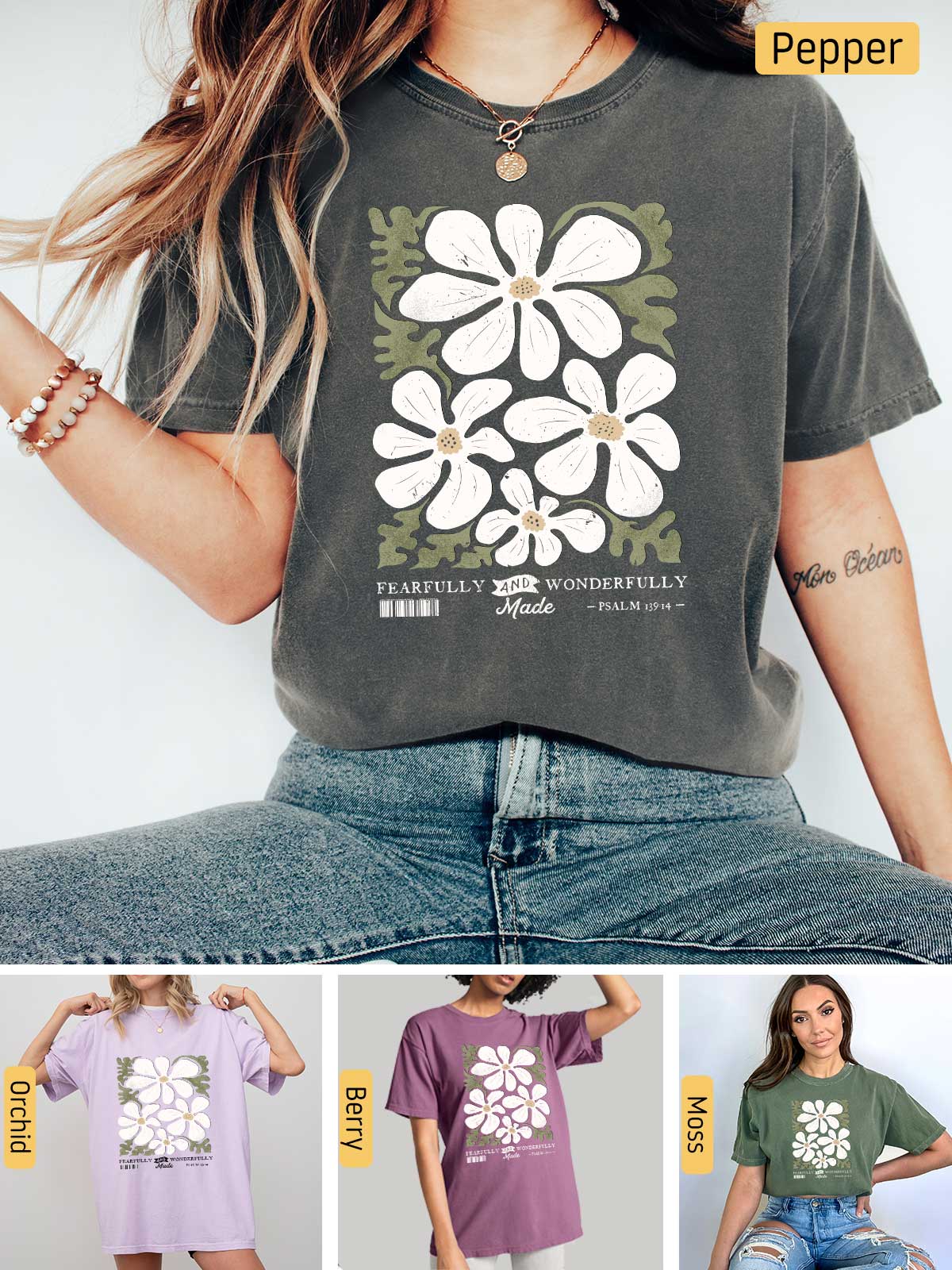 a woman wearing a t - shirt with flowers on it