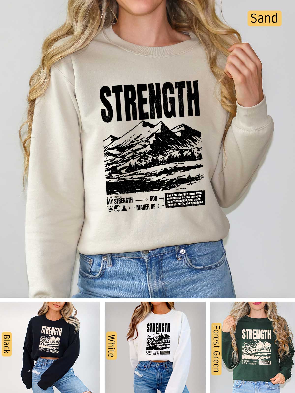 a woman wearing a sweatshirt with the words strength on it