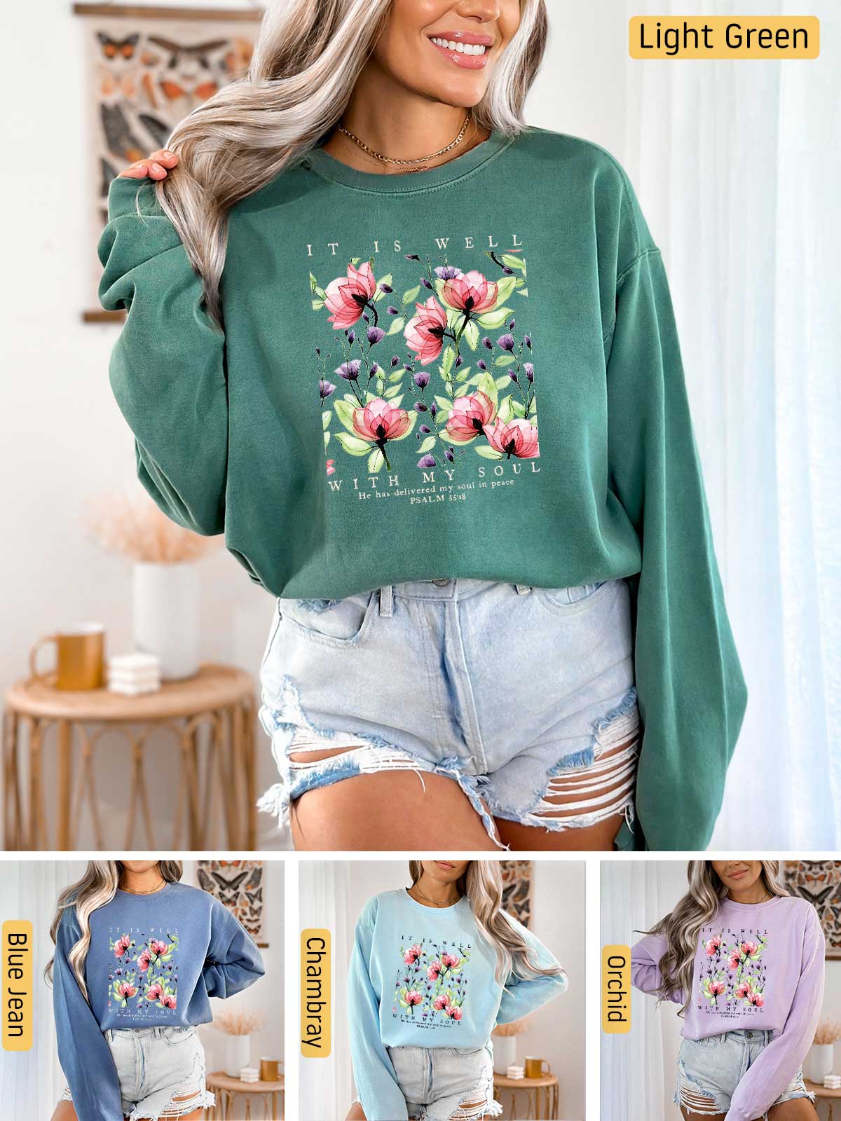 a woman wearing a green sweatshirt with flowers on it