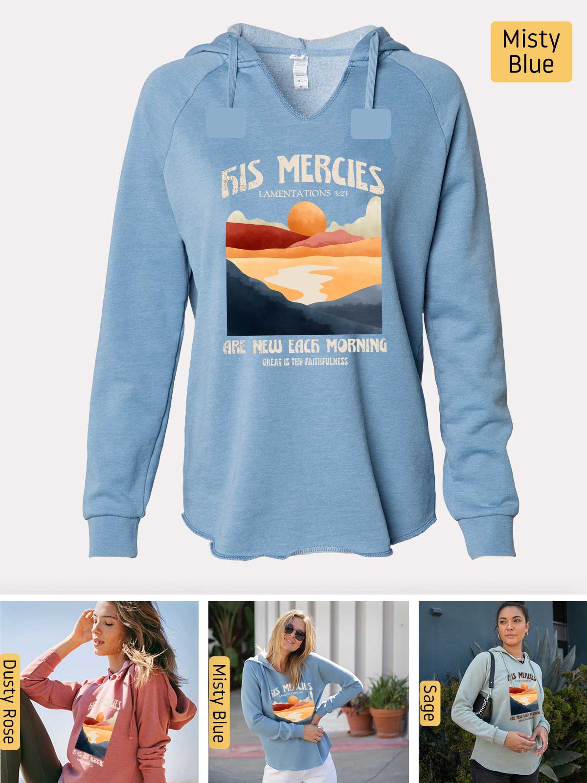 a blue sweatshirt with a picture of a woman wearing a blue sweatshirt