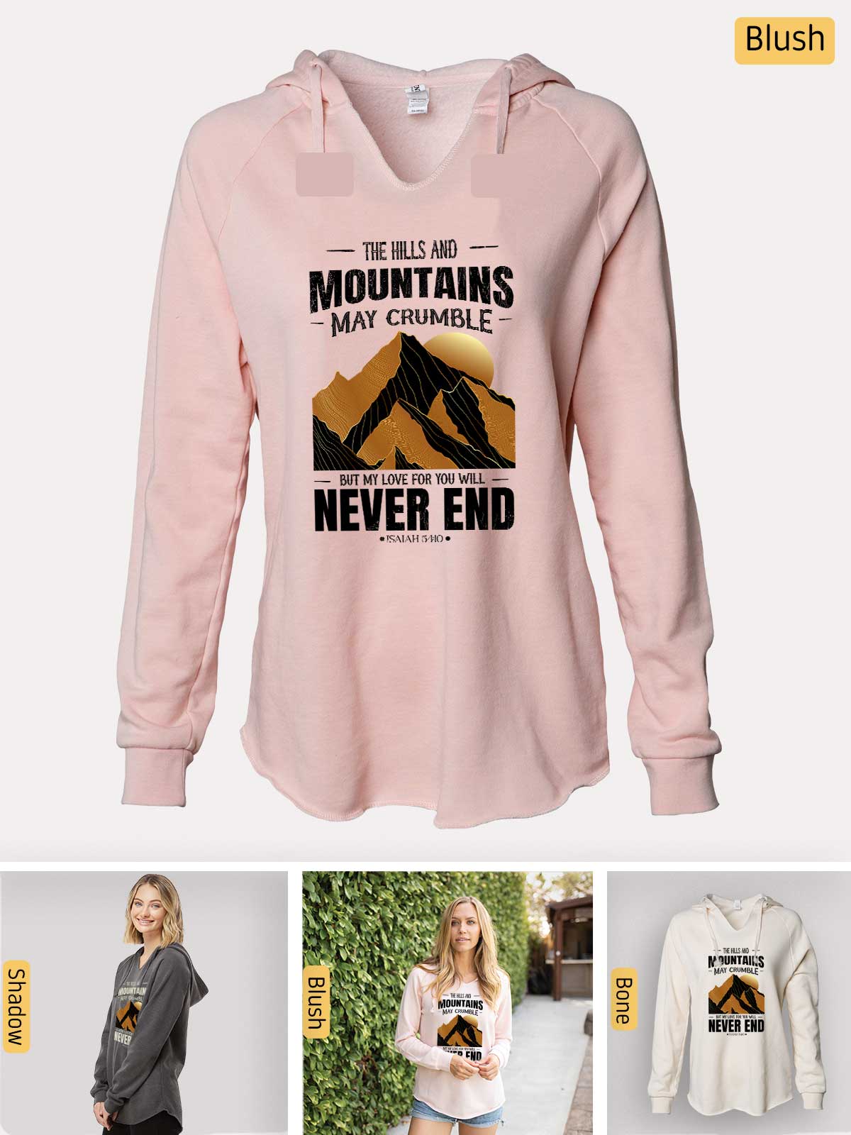 a pink hoodie with a picture of mountains on it