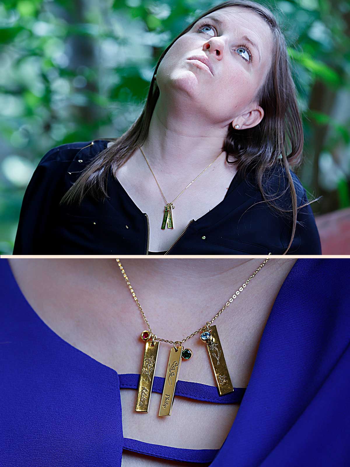 a woman wearing a blue dress and a gold necklace