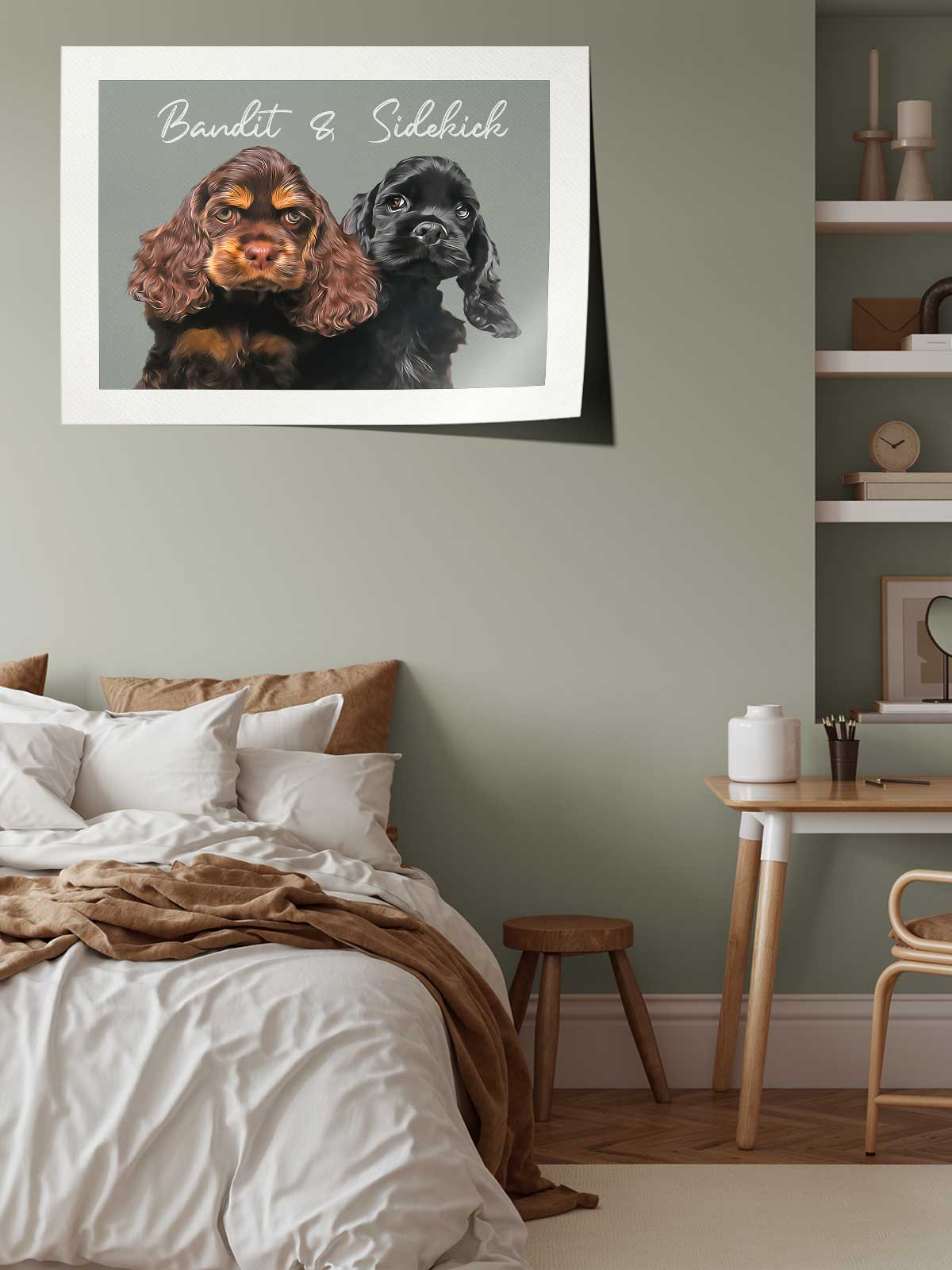 two dogs, one brown and one black, sitting together on a bed.