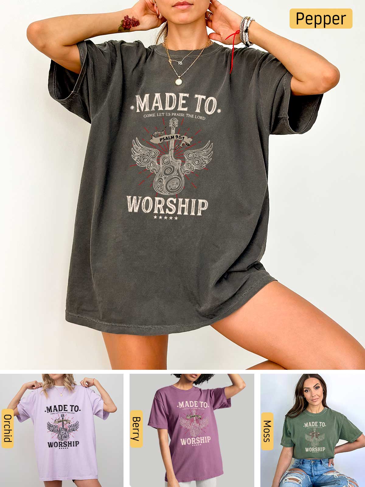 a woman wearing a t - shirt that says made to worship