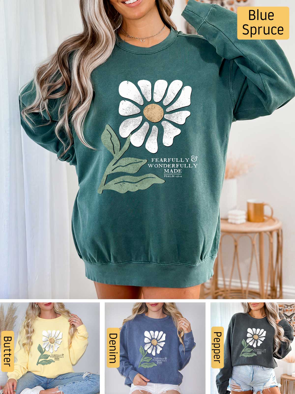 a woman wearing a sweatshirt with a flower on it