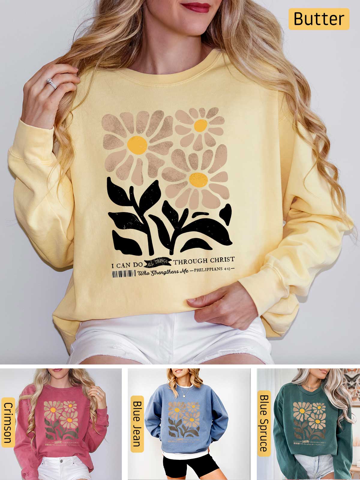 a woman wearing a sweatshirt with flowers on it