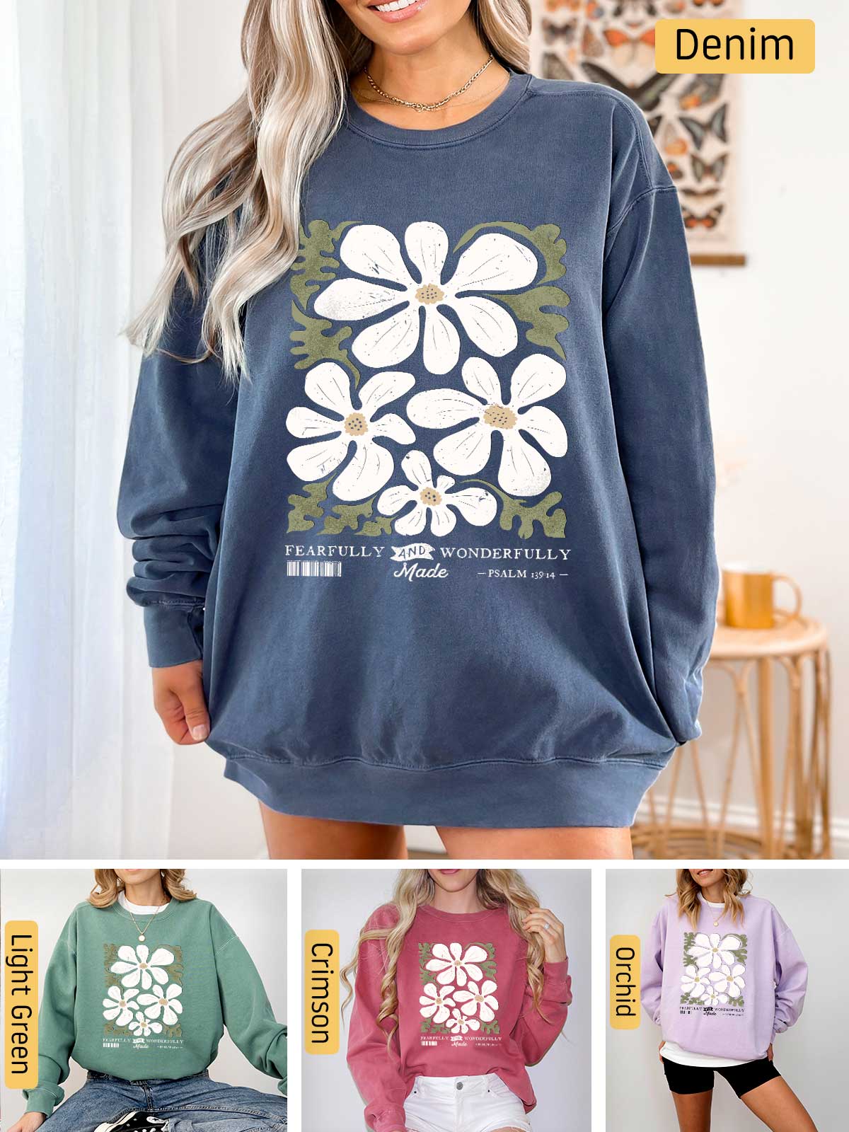 a woman wearing a sweatshirt with flowers on it