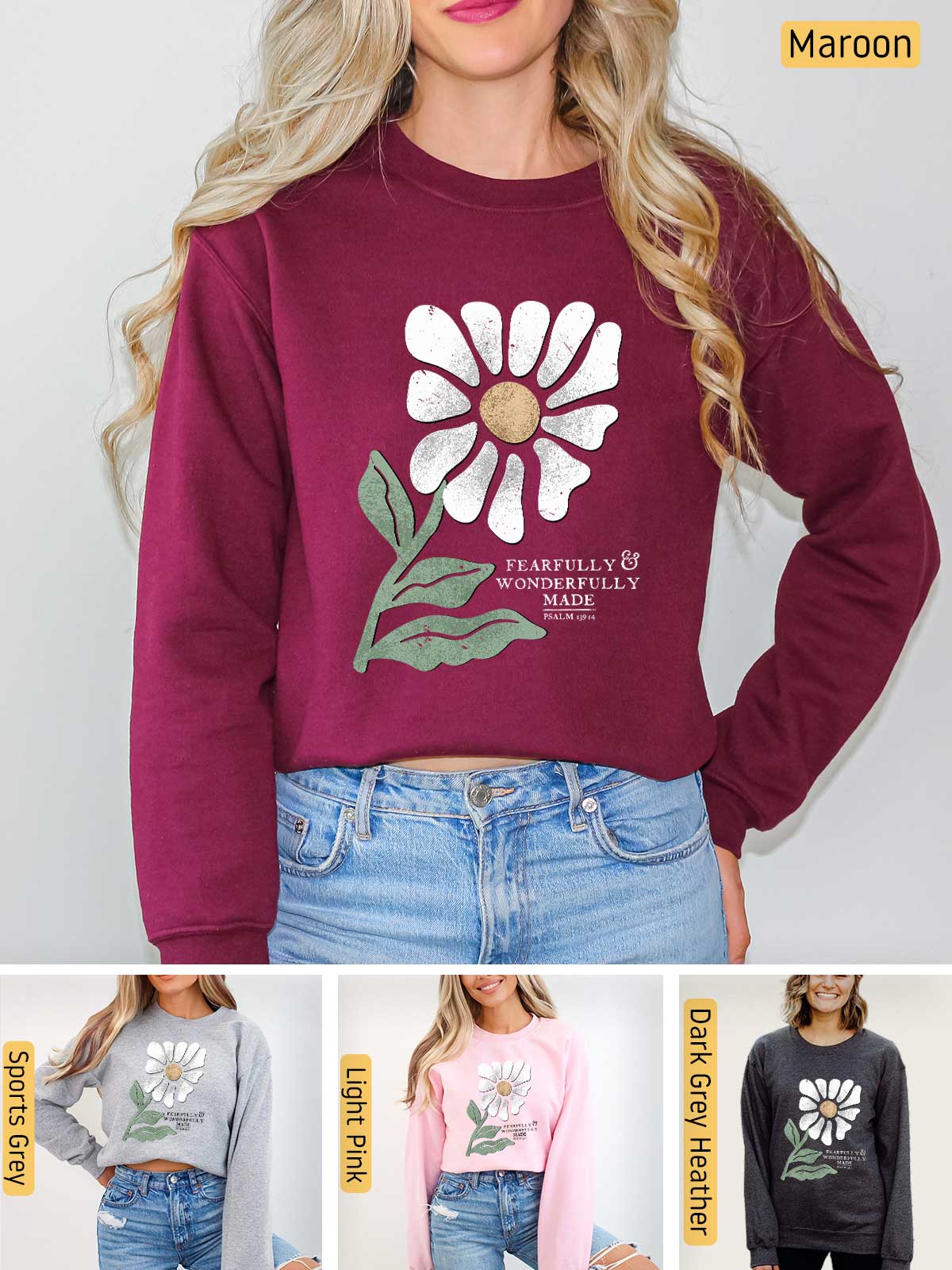 a woman wearing a sweatshirt with a flower on it